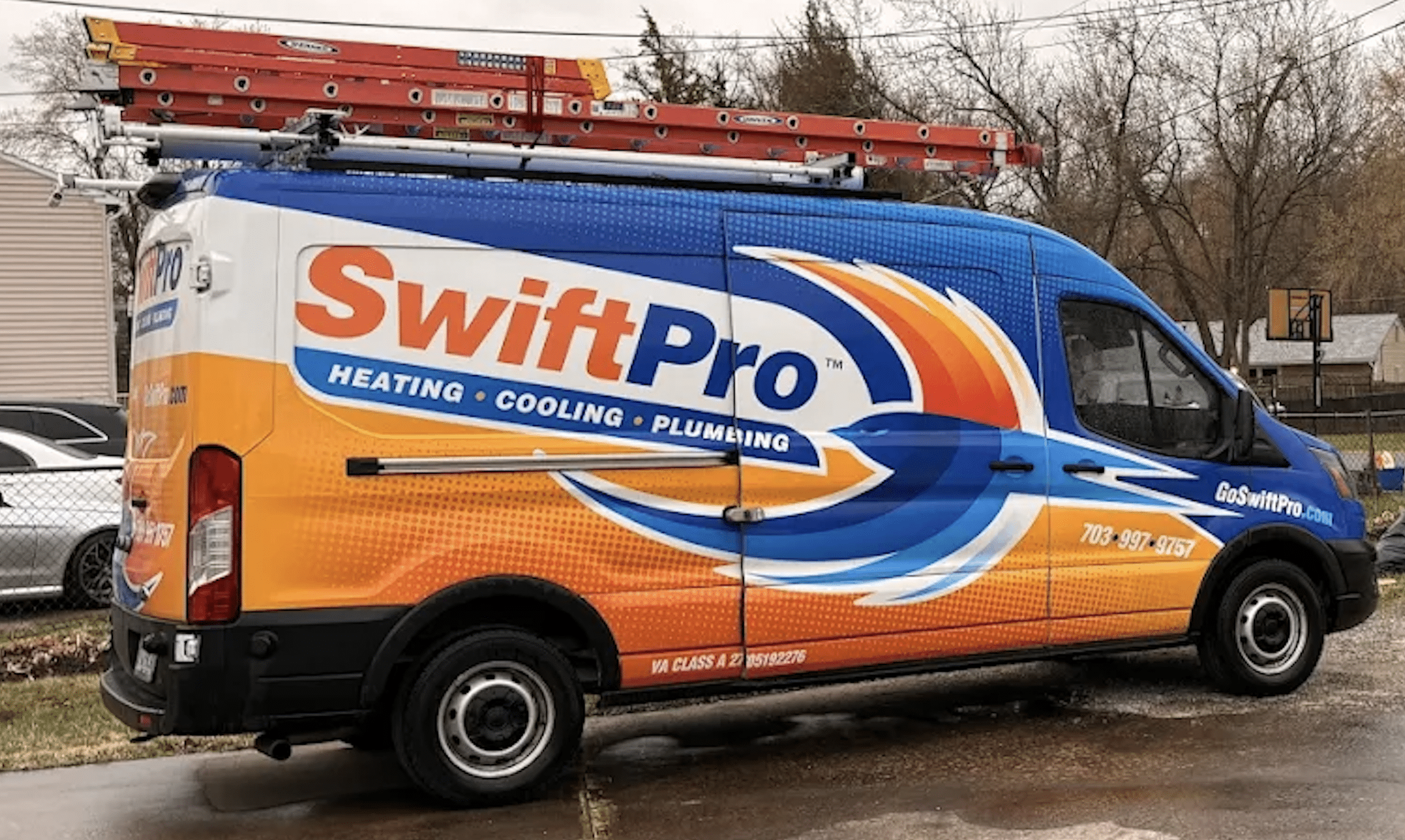 SwiftPro van with ladder, providing HVAC, plumbing, and cooling services in Northern Virginia.