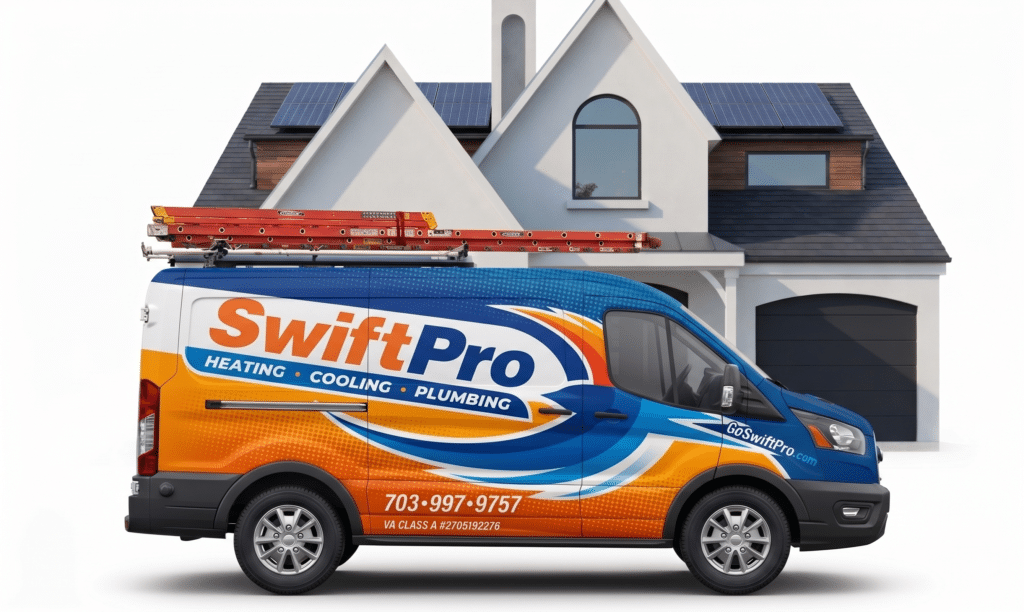 SwiftPro heating, cooling and plumbing van parked in front of a Northern Virginia home.