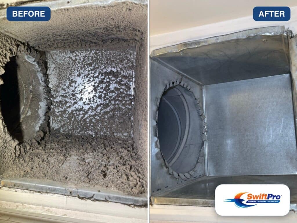 Before and after photos of a duct SwiftPro cleaned in a Northern Virginia home: thick grey dust before, bare sheet metal after