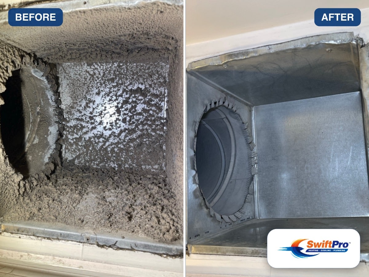 Before and after frames of a duct run cleaned by SwiftPro in a Northern Virginia home, the before furred with grey dust and the after down to bare metal