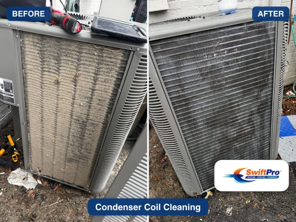 Before and after of an outdoor air conditioner coil in Northern Virginia: the fins matted grey with dirt on the left, clean metal on the right after a SwiftPro coil cleaning