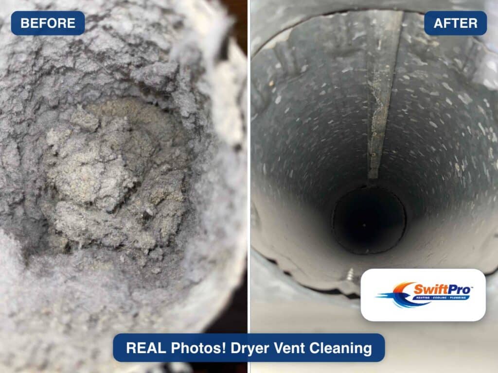Real before and after photos of a dryer vent cleaning by SwiftPro in Northern Virginia, showing a vent packed with lint and the same vent clean