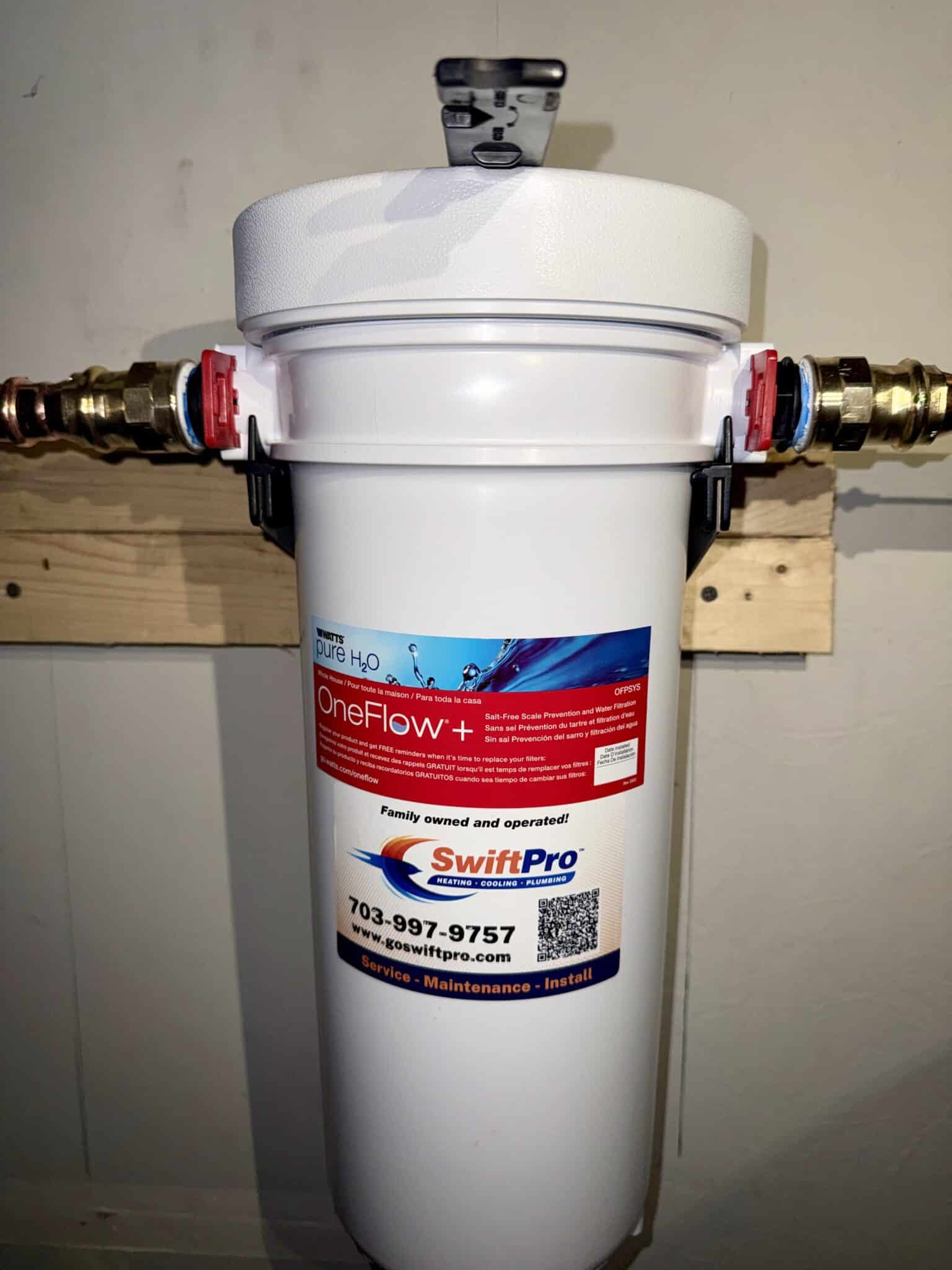 Watts OneFlow whole-home water filtration and scale prevention system installed by SwiftPro in Northern Virginia