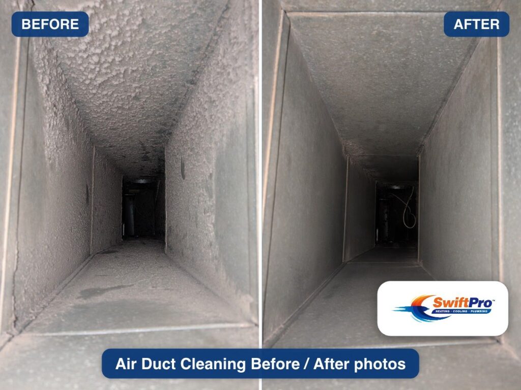 Before and after photos inside a Northern Virginia supply duct cleaned by SwiftPro