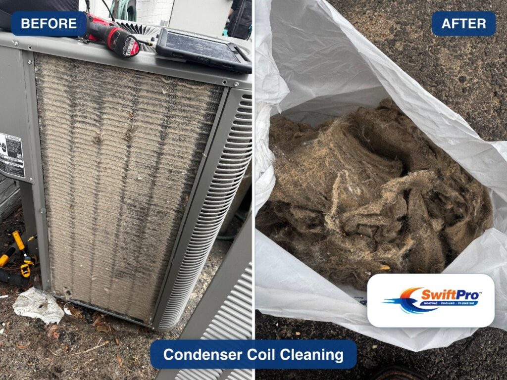 Before and after photos of a condenser coil cleaned by SwiftPro, with the debris bagged beside it