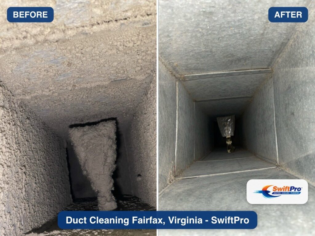 Before and after photos of a duct run cleaned by SwiftPro in Fairfax, Virginia.