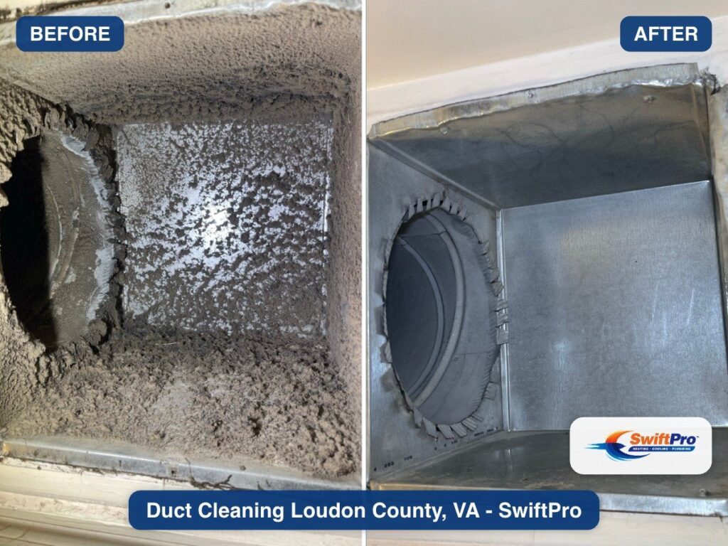 Before and after photos of a duct boot cleaned by SwiftPro in Loudoun County, Virginia.