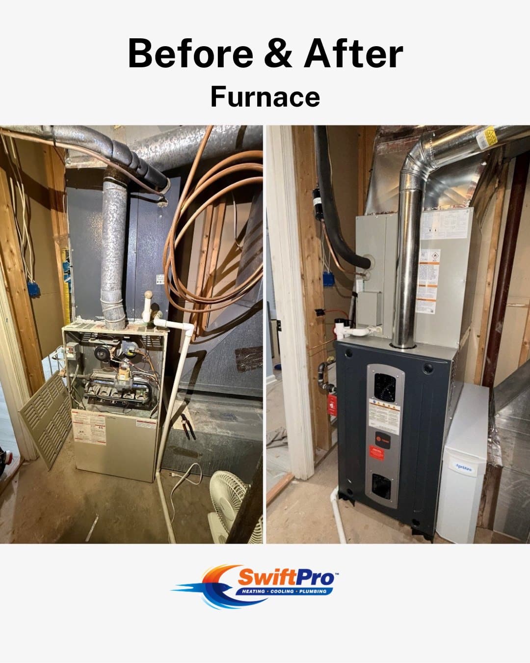 Before and after photos of a SwiftPro furnace replacement in a Northern Virginia home, showing the old furnace and the new Trane furnace that replaced it.
