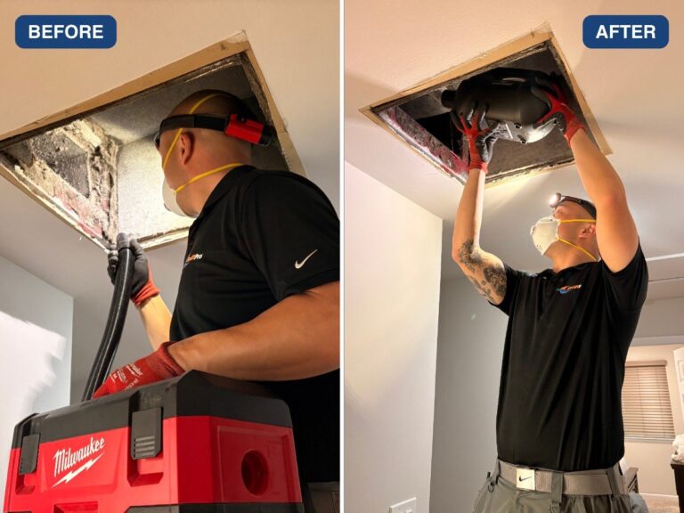 Before and after: a SwiftPro technician cleaning a ceiling air duct register in a Northern Virginia home