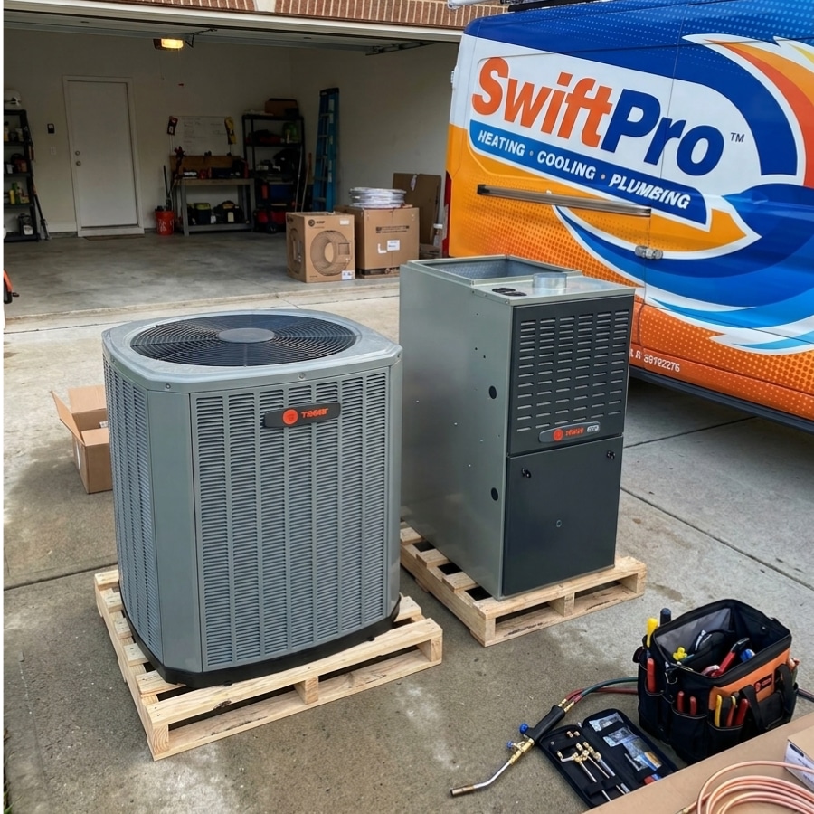 New Trane air conditioner and furnace on pallets in a garage beside a SwiftPro van, ready for installation in Northern Virginia