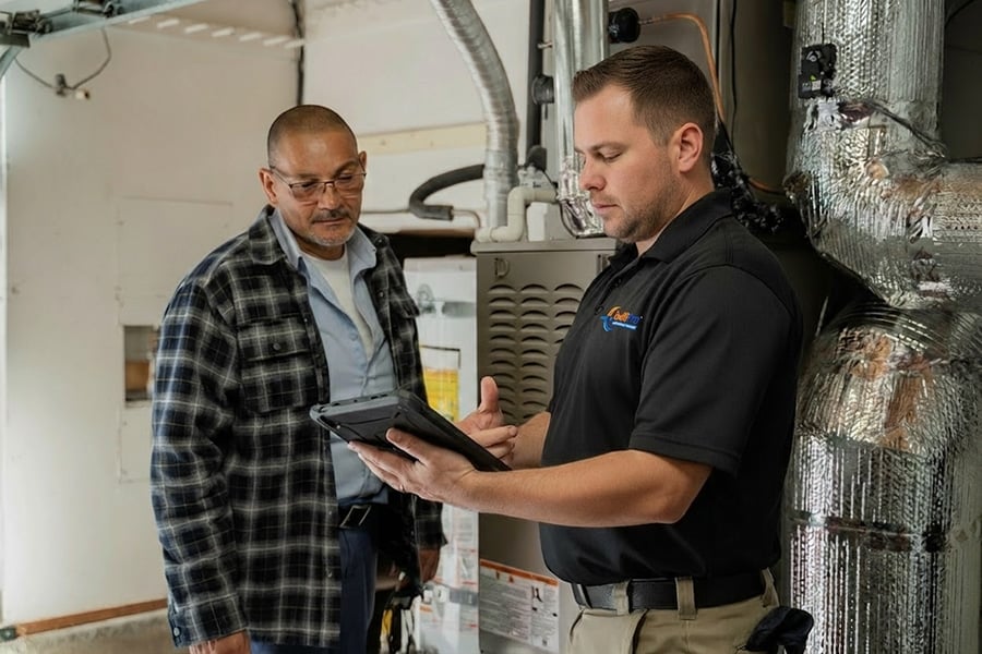 SwiftPro HVAC specialist going over system options with a homeowner beside the furnace