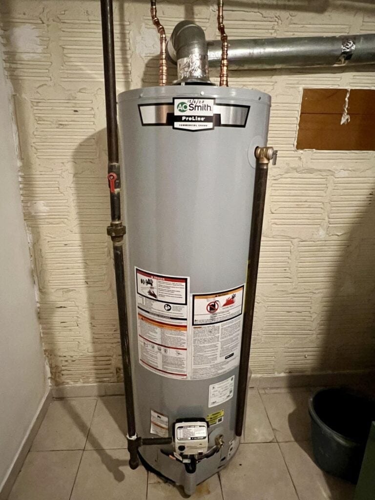 A.O. Smith ProLine gas water heater installed by SwiftPro in a Northern Virginia basement