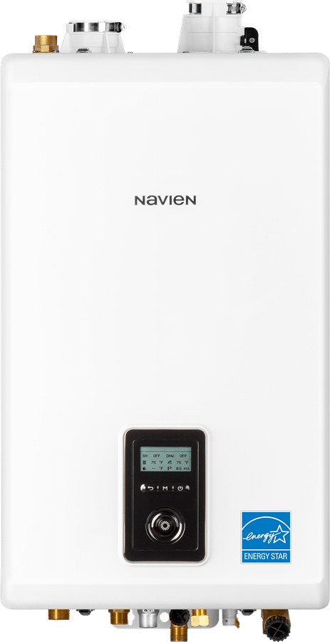 Navien NCB-H combi boiler, a white wall-hung condensing boiler with its display and control knob on the front panel, Navien's product photo