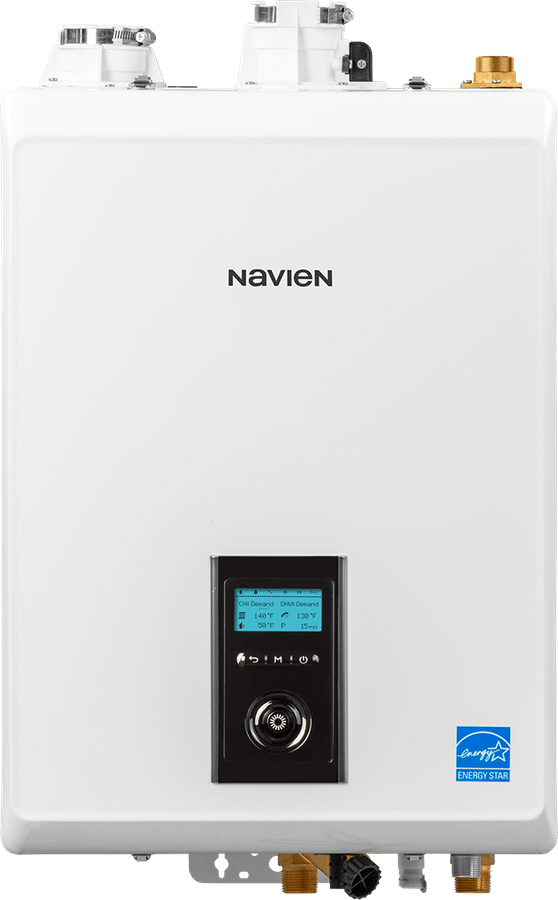 Navien NHB-H high-efficiency condensing boiler, a heat-only wall-hung boiler that vents out the wall, which SwiftPro installs in Northern Virginia homes (Navien product photo)