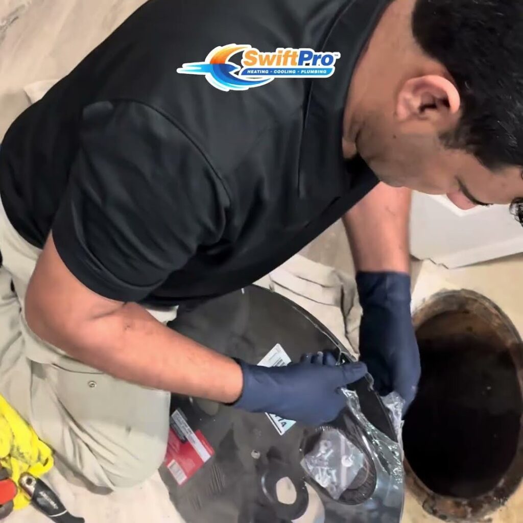 A SwiftPro plumber unpacking a new sump pump beside the open pit in a Northern Virginia basement