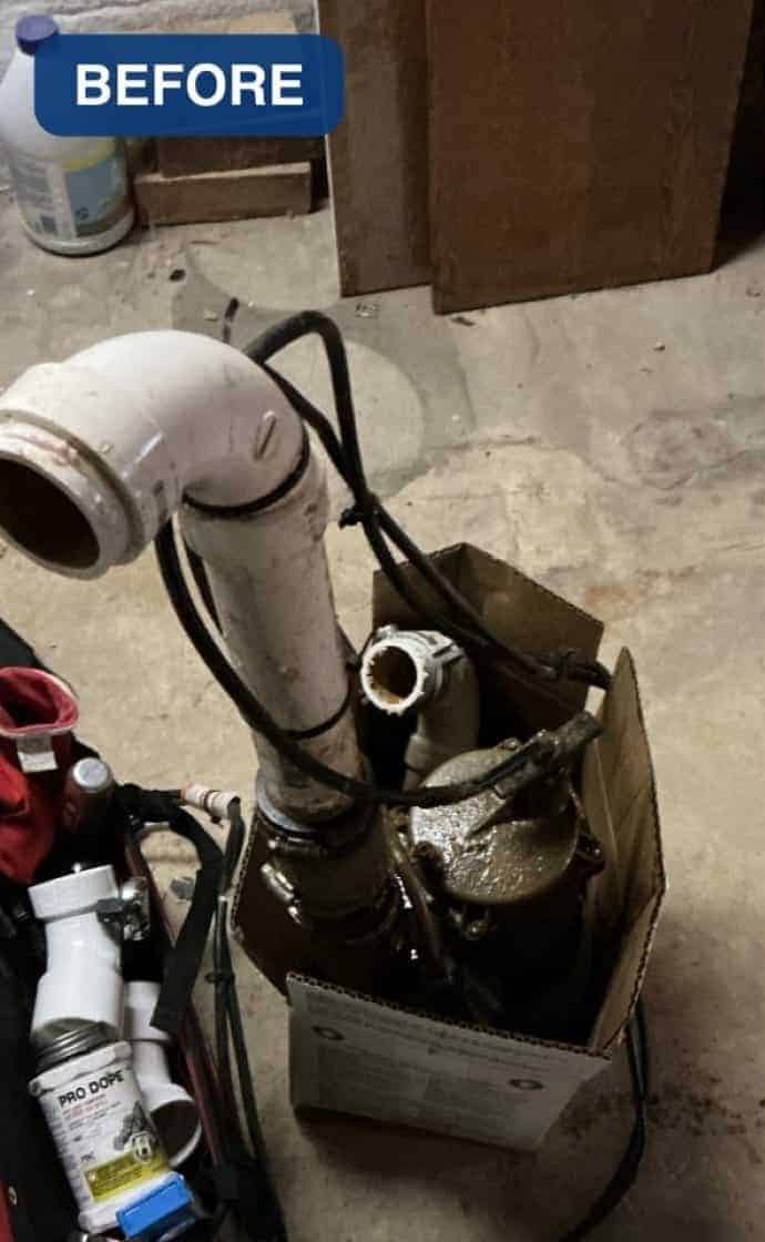 The failed sump pump pulled out of its pit, before a SwiftPro replacement in Northern Virginia