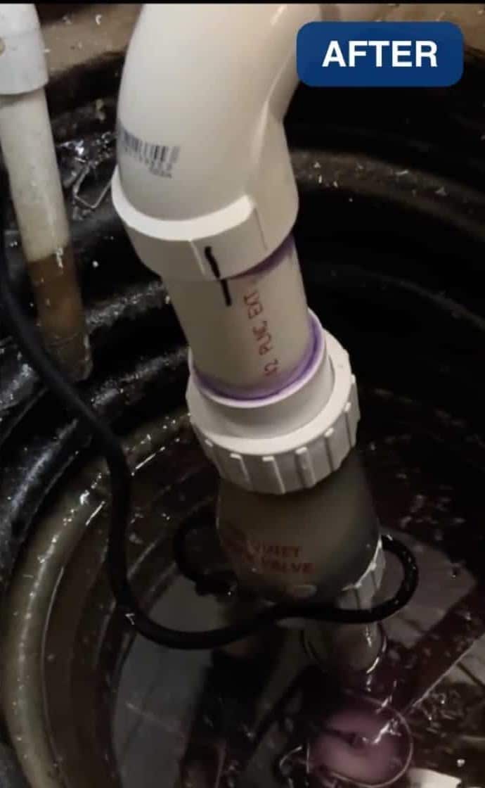 New PVC discharge riser and quiet check valve on a sump pump SwiftPro replaced in Northern Virginia
