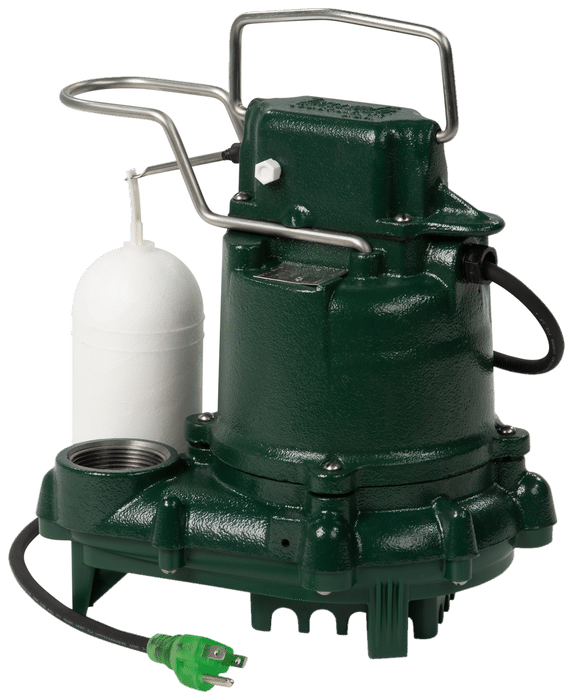 Zoeller Mighty-Mate M53 cast iron sump pump with its float switch, a sump pump without a battery backup