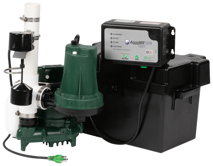 Zoeller AquaNot 508 ProPak: an M53 cast iron sump pump and a battery backup sump pump piped together as one unit, with the controller and the battery box