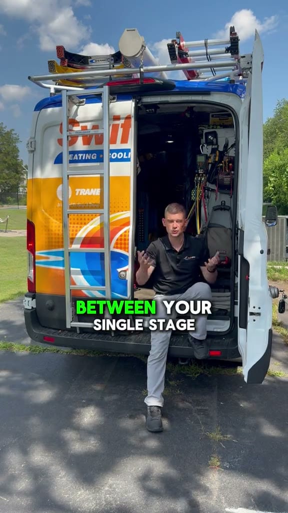 Tyler sits on the back step of an open SwiftPro van and explains single-stage versus variable-speed systems and why every home needs a different setup.