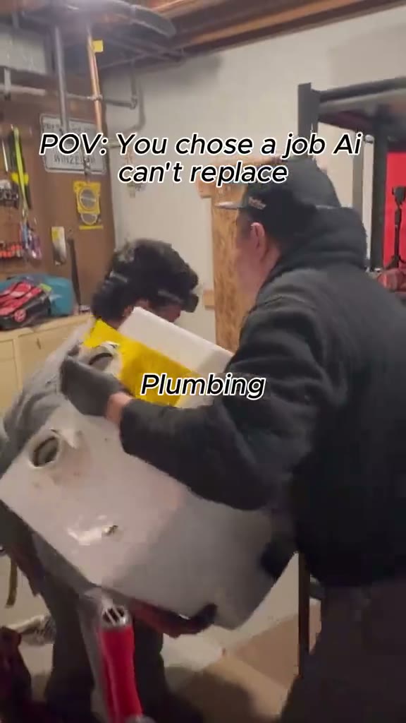 Montage captioned "POV: You chose a job AI can't replace / Plumbing": a plumber drills through floor joists, a young tech fits copper behind an opened wall, a garbage disposal is swapped under a sink,