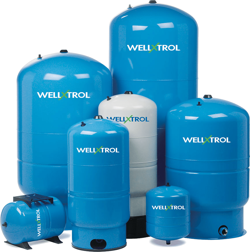 Amtrol Well-X-Trol well pressure tanks in several sizes, the kind of tank that sits beside the pump controls in a Northern Virginia basement (Amtrol product photo)