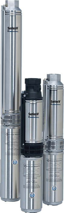Franklin Electric stainless steel submersible well pumps, the kind that hangs down inside a drilled well on its drop pipe and wire (Franklin Electric product photo)