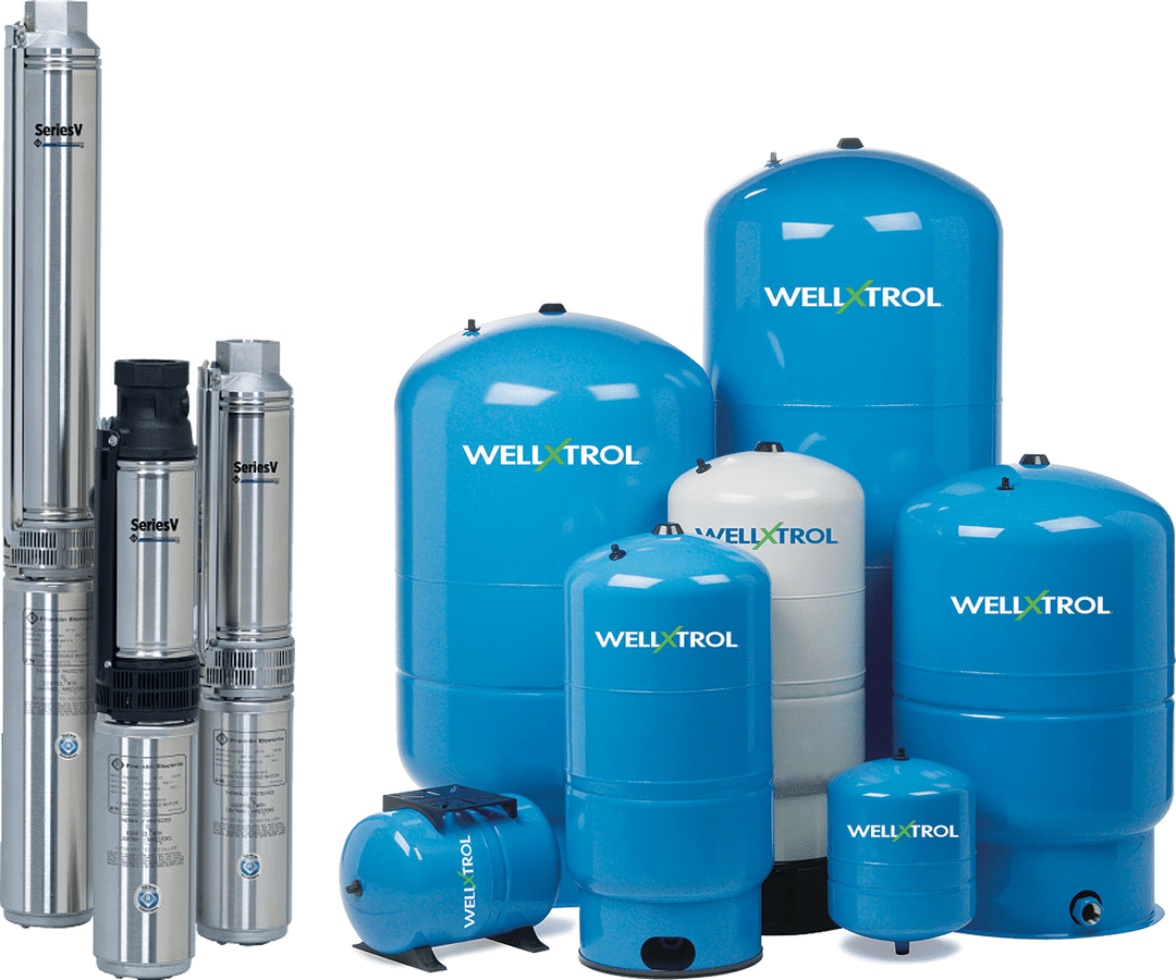 Franklin Electric submersible well pumps beside Amtrol Well-X-Trol pressure tanks: the pump, tank and switch replaced together as one well system (manufacturer product photos)