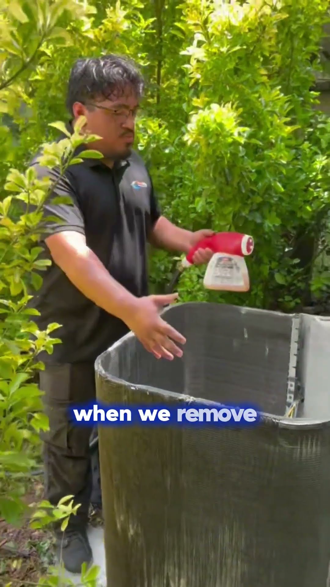 A tech introduced as Diego, in a black SwiftPro polo and glasses, stands by an outdoor AC condenser with its top off and shows the common mistake when cleaning a coil, spraying it with a hose-end clea