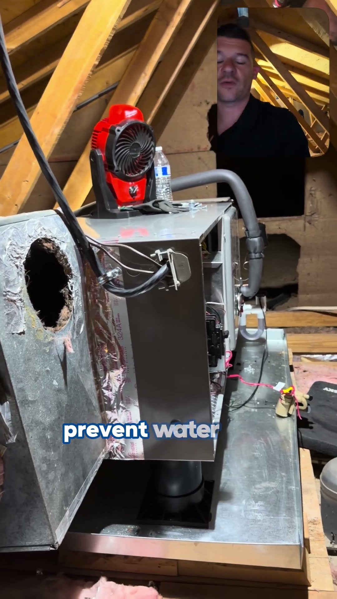 The owner, on a face-cam inset, explains a hot attic air handler install with a cut-open return plenum and a Milwaukee jobsite fan, then stands outside a gray colonial house with wrapped SwiftPro vans