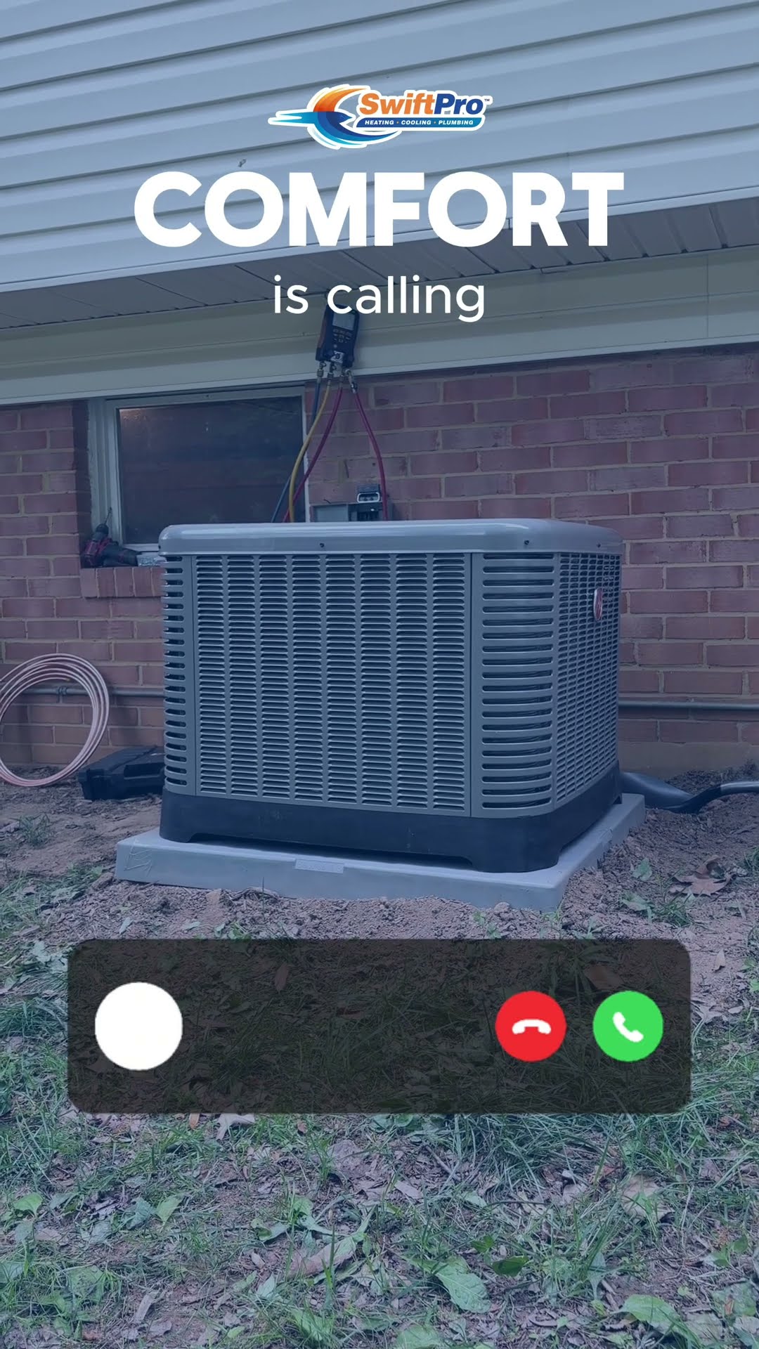 A mock phone call screen reading COMFORT is calling, laid over a new AC condenser on a pad beside a brick house and a dirty old condenser.