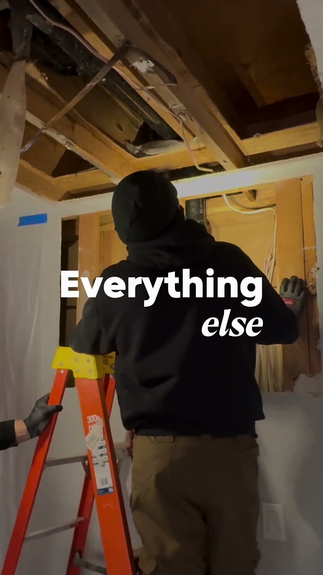 Motivational text over footage of a tech in a black beanie on an orange ladder in an unfinished basement ceiling, and a bearded tech in safety glasses and a headlamp cutting a black pipe with a Milwau
