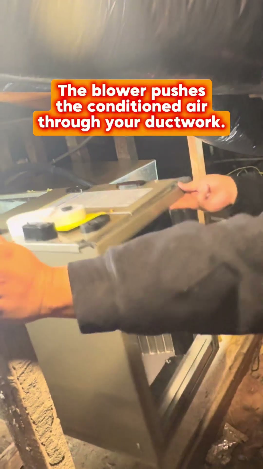Attic air handler explainer: a tech crawls through an attic, slides the blower assembly out of an air handler, and a new air handler with refrigerant lines and a condensate pump.