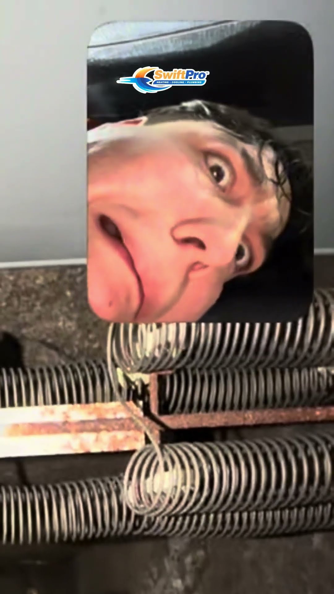 Comedy face-cam insets of a young tech pulling faces over close-ups of rusty electric heat strip coils and a wiring harness inside an air handler.