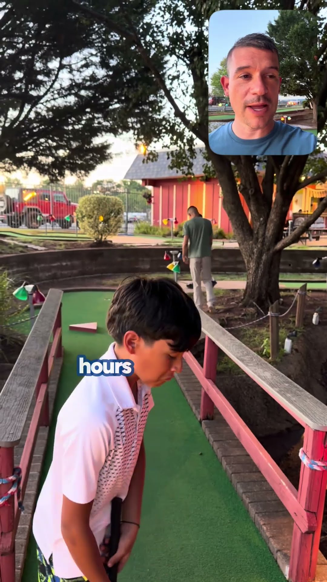 A family mini golf outing at an outdoor course at dusk, with a man narrating on a face-cam inset and kids and teens putting.