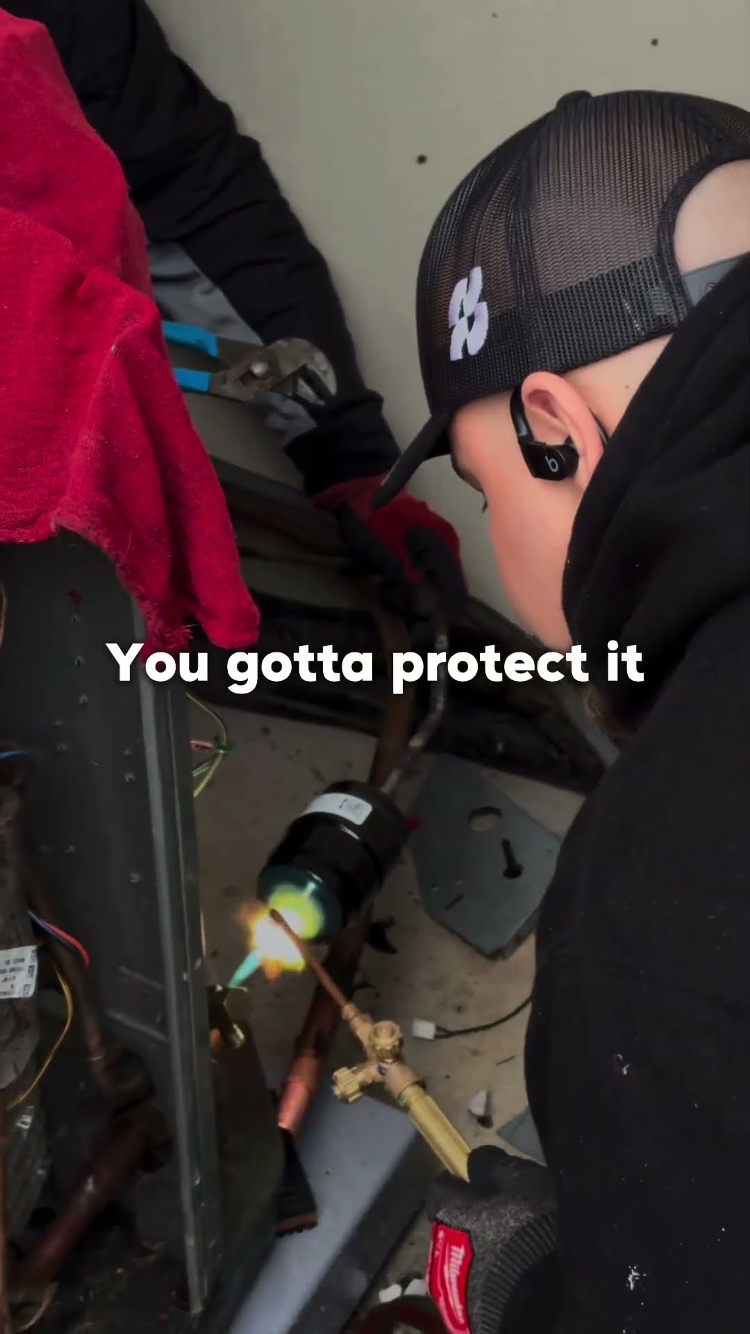 Montage: a tech kneels at an outdoor AC condenser beside siding, a tech brazes a filter drier at a condenser, and gloved hands set a green sump pump with PVC discharge in a basement.