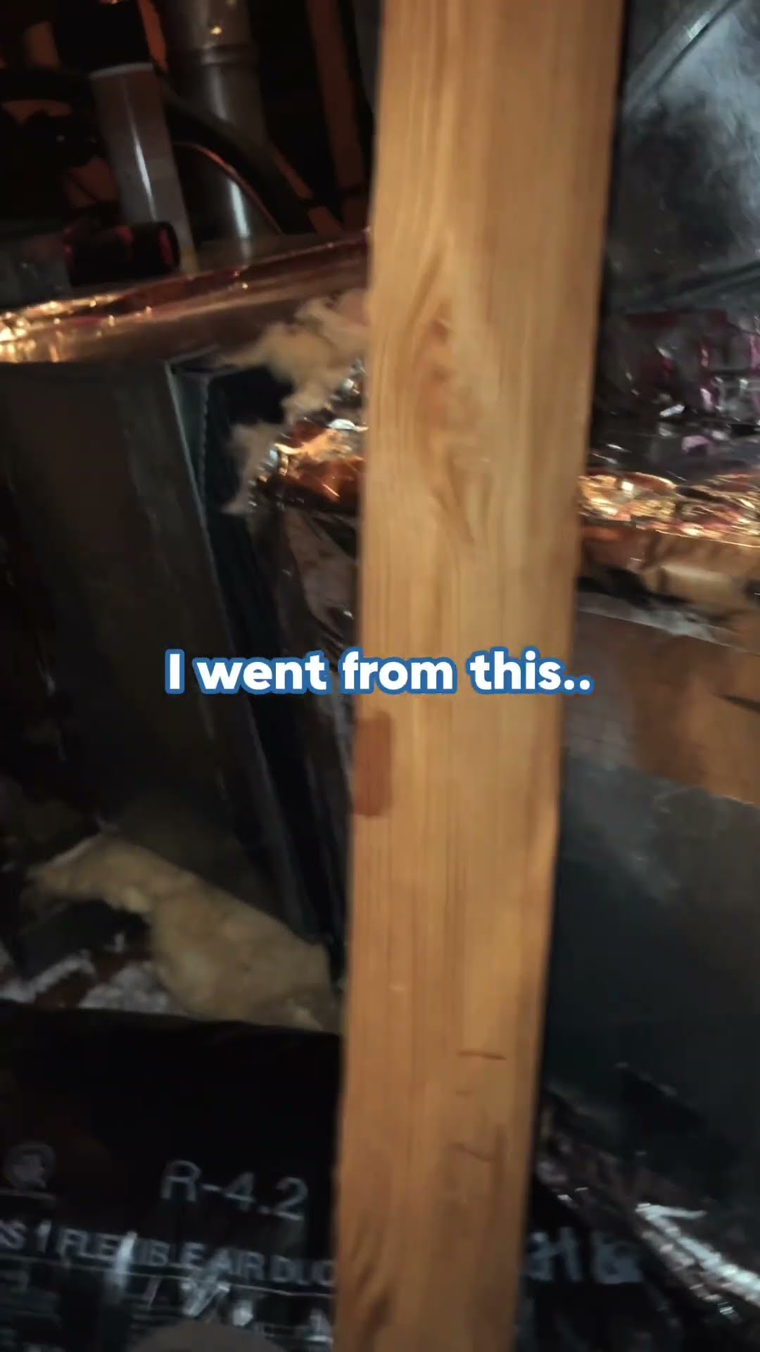Attic before/after: old foil-wrapped plenum and flex duct (R-4.2) with a can of Spray-N-Seal, then new sheet metal with a SwiftPro decal and SwiftPro equipment checkup label.