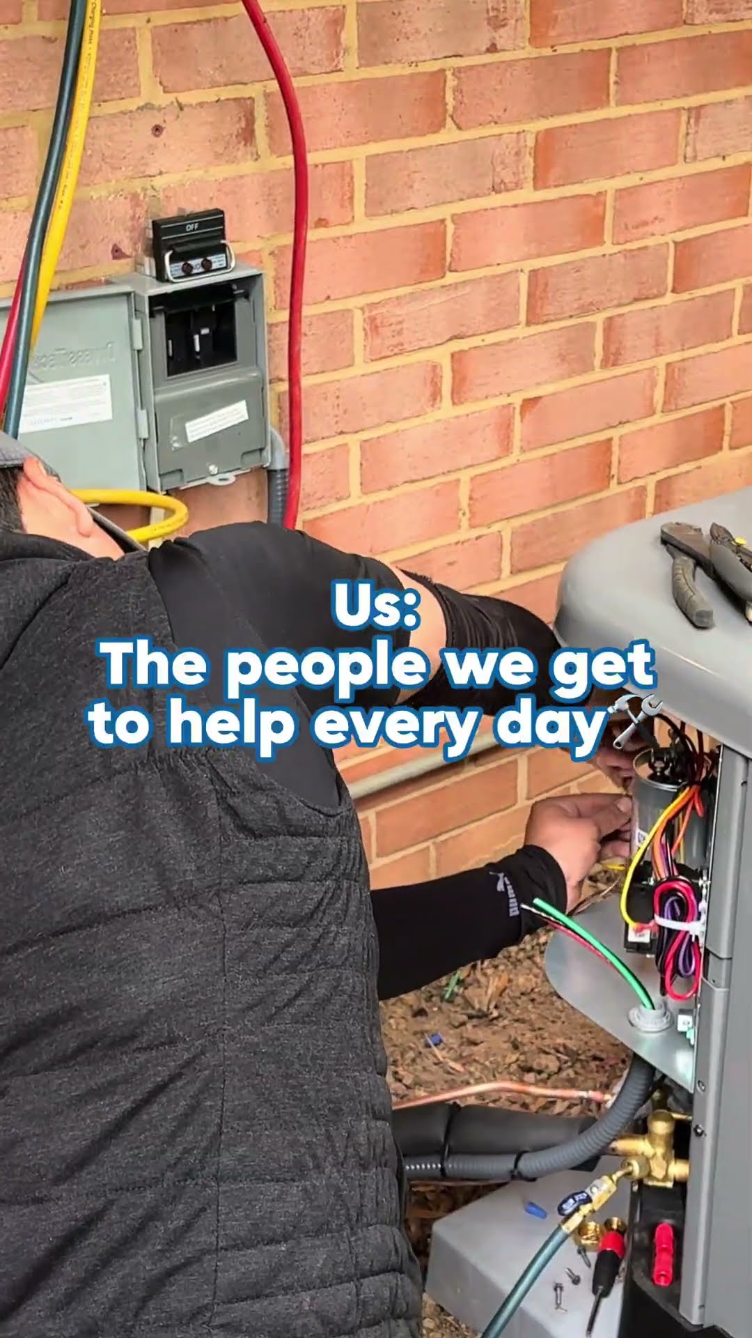 Motivational captions over job footage: a tech wires the control panel of an AC condenser by a brick wall, a tech in a gray T-shirt carries a Gorilla ladder past a wrapped SwiftPro van in a driveway,