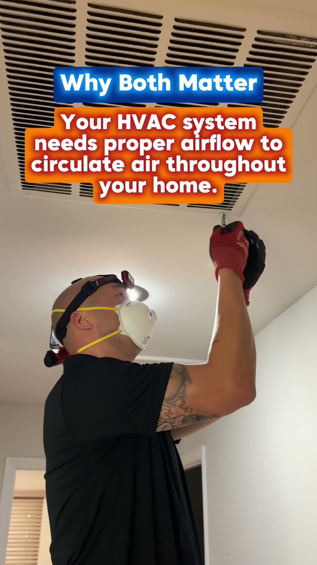 Same footage as gMd4az8XaDY: dusty return duct, a tech in a headlamp and N95 removing a ceiling return grille, and a dirty wall return opening.