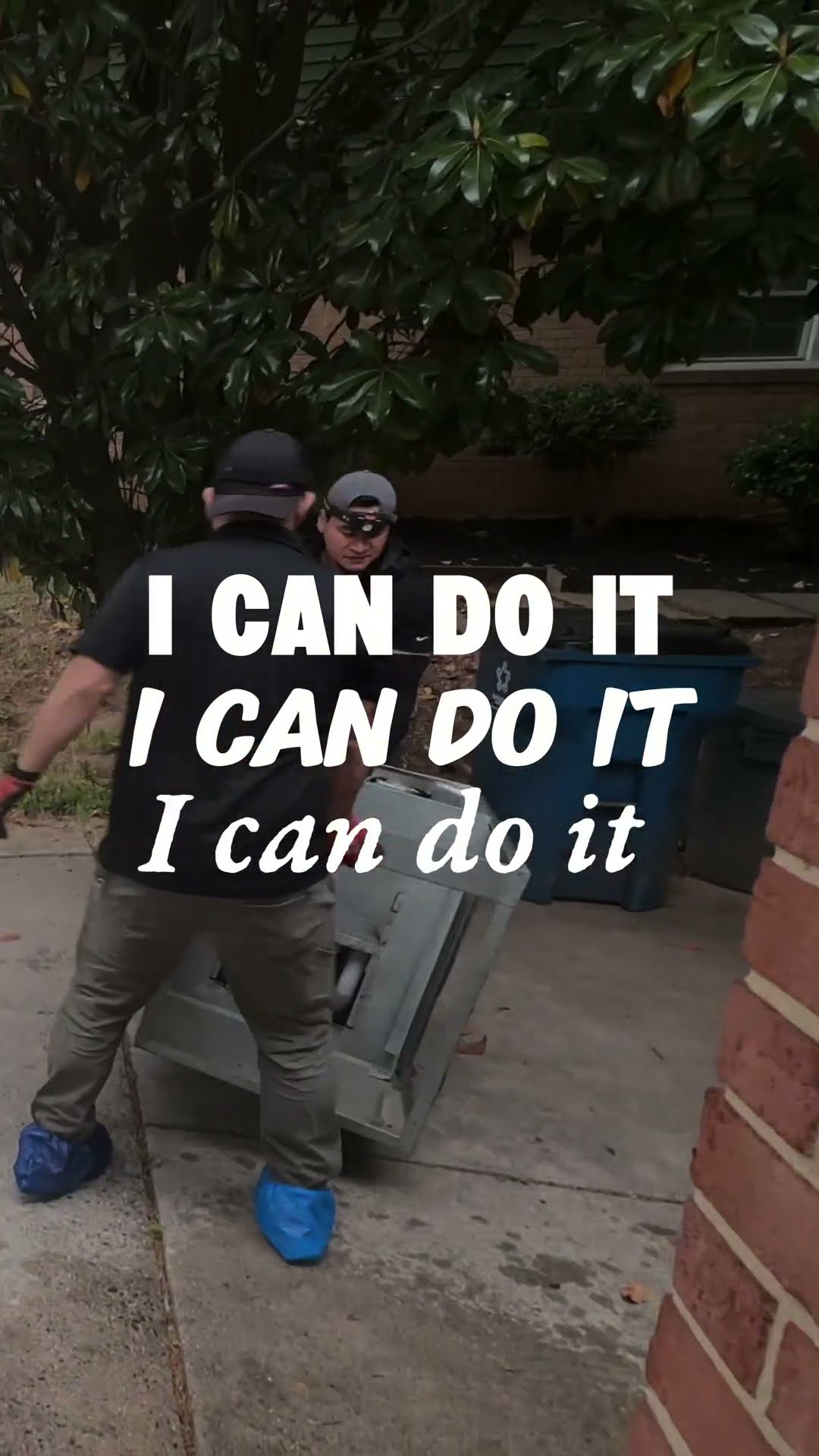 Montage: a tech carries a boxed unit up a driveway from a SwiftPro pickup, two techs in shoe covers haul an old cabinet past trash cans, and a tech in a Carhartt hoodie prepares a new air handler in a