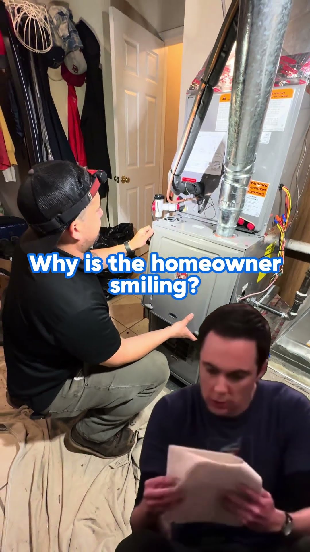 Two techs pull an old furnace in a closet, then a tech kneels at the new gas furnace with fresh venting and a condensate setup.