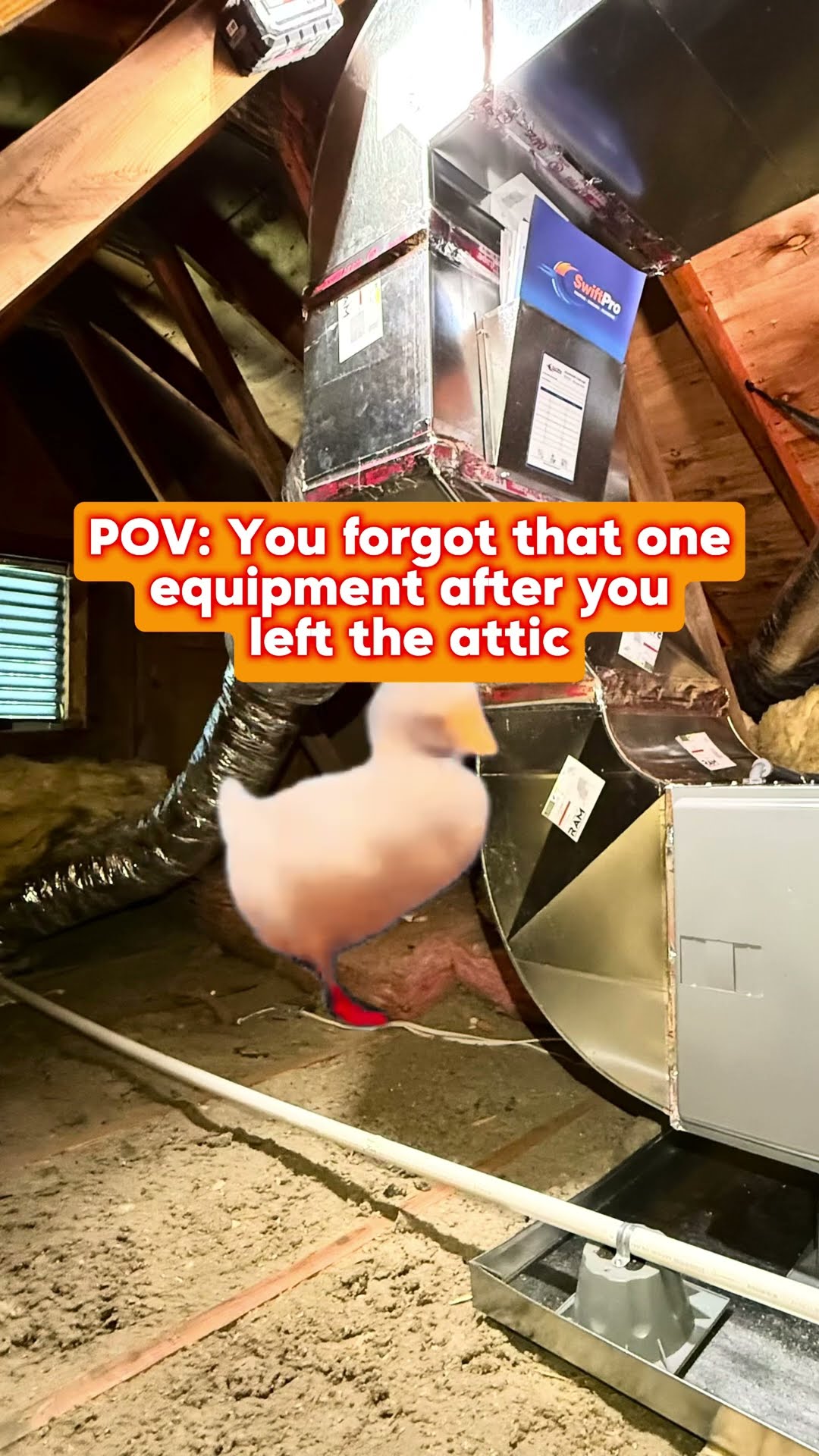 An attic air handler with its supply plenum, flex duct and blown insulation, overlaid with an animated cartoon goose.