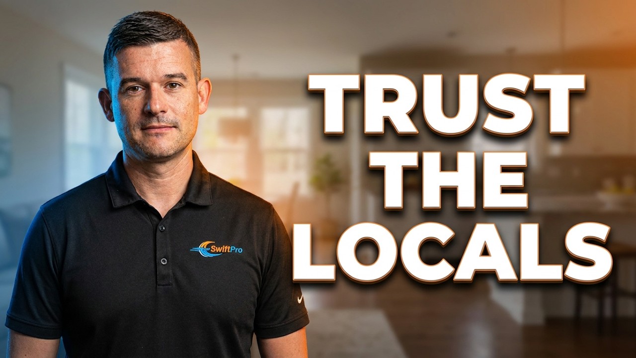 Brand video: a man in a black SwiftPro polo talks to camera outside the SwiftPro office door (suite number 4230 on the glass).