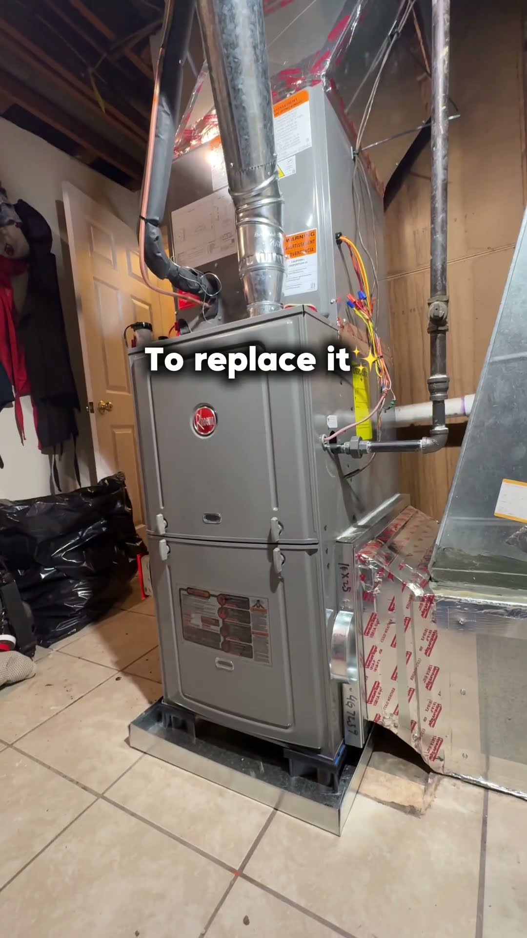 Old furnace with the panels off showing burners and wiring, then a new Rheem furnace (Rheem logo legible) installed in a basement with new plenum.