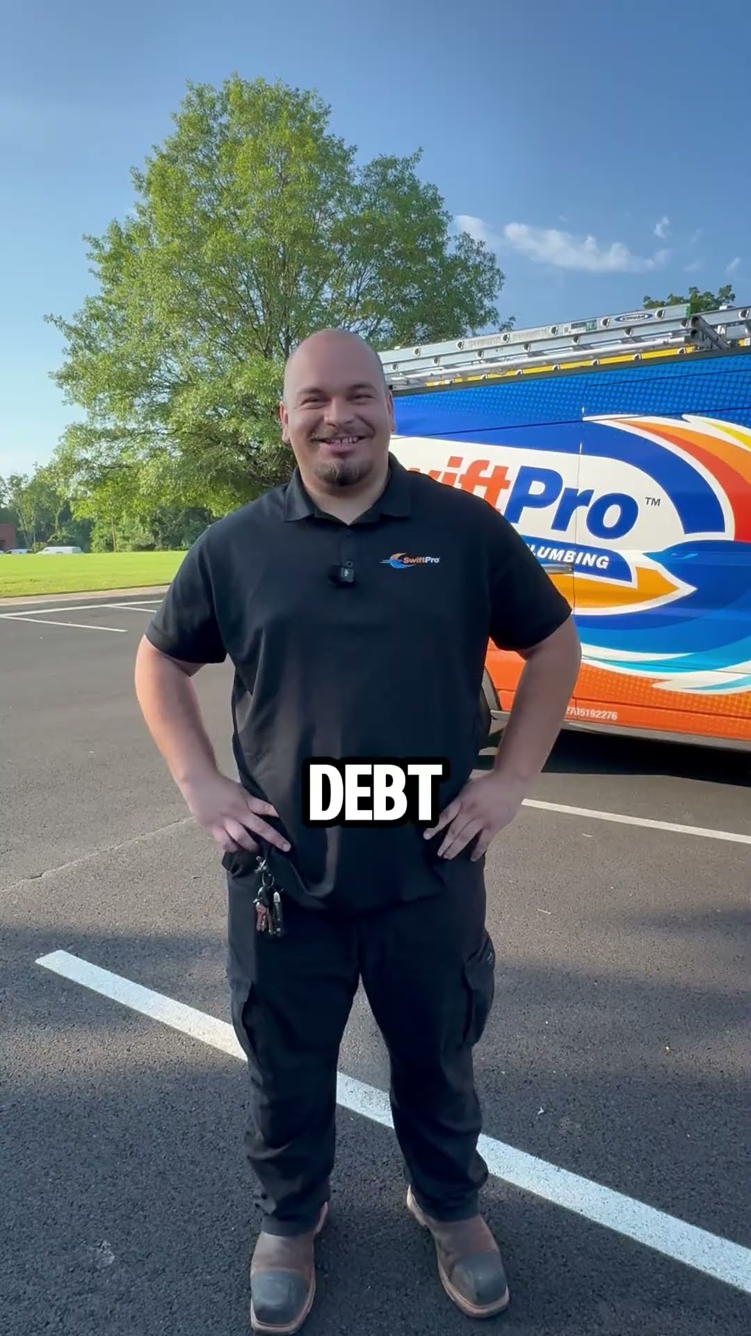 A tech introduced as Jamie stands in a parking lot in front of a ladder-topped SwiftPro truck, hands on hips, telling the story of how his HVAC career started.