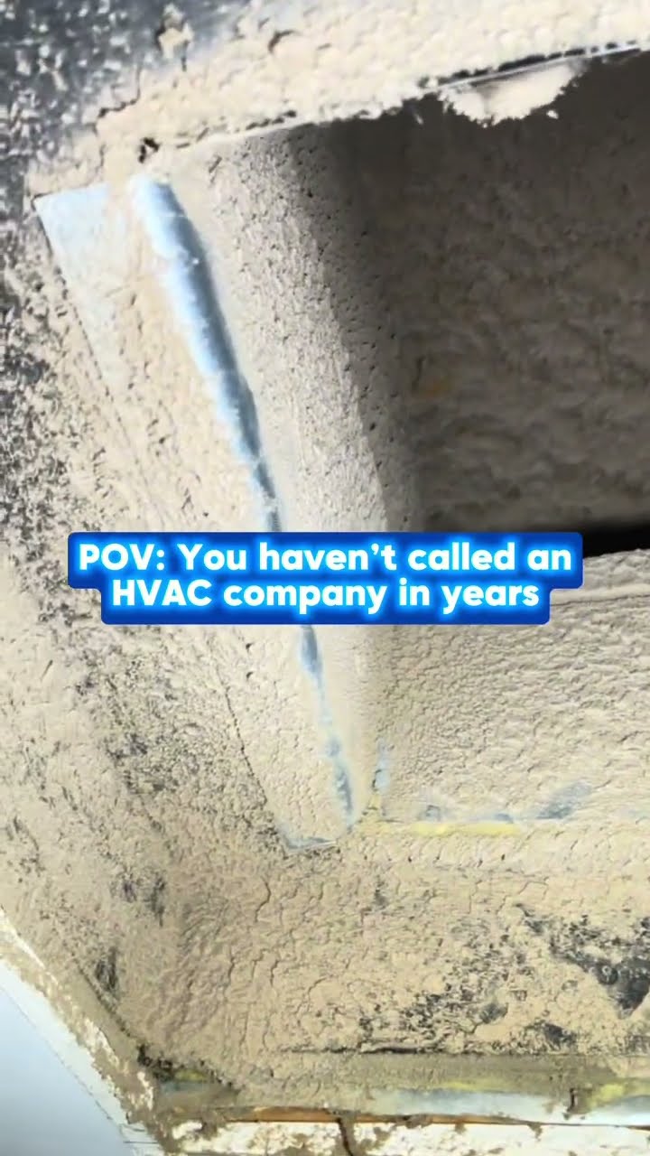 Close-ups of neglected ductwork: dust-caked duct walls, the inside of a dusty trunk line, a wall return opening full of debris, and a dust-clogged floor register.