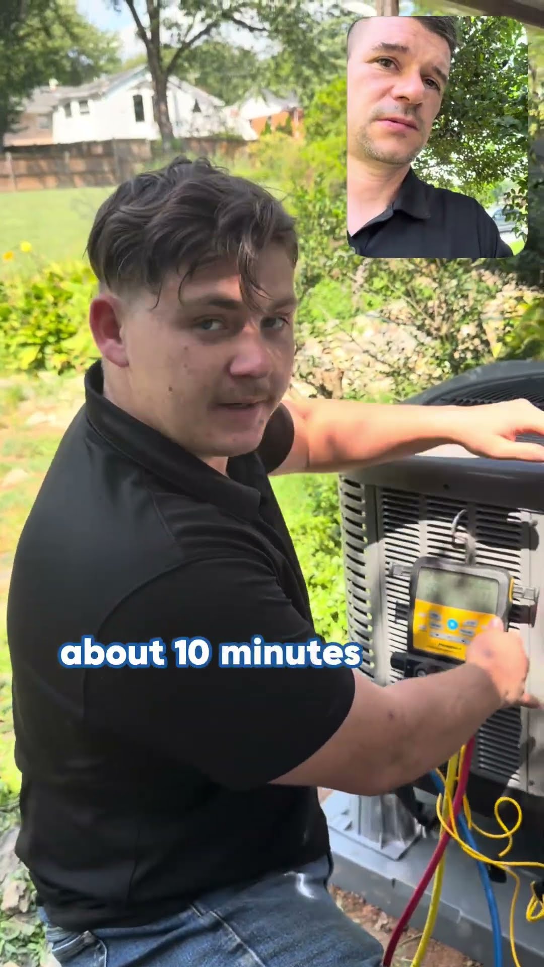 In a backyard, a young tech in a black SwiftPro polo explains readings on digital manifold gauges hooked to an AC condenser and points at the line set, with the owner on a face-cam inset.