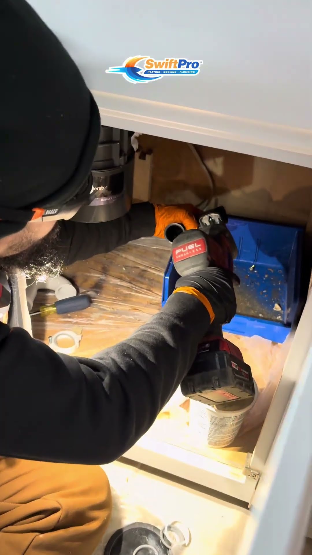 A plumbing compilation: a tech in a black beanie works under a kitchen sink near a disposal with a Milwaukee Fuel tool, a yard cleanout pipe with a drain snake in a dirt bed beside a house, and water