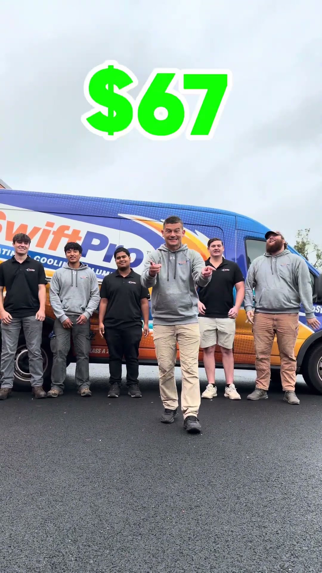 Tyler Griffin in a grey SwiftPro hoodie and khakis with a lineup of six crew members in front of a wrapped SwiftPro van, a big '$67' price on screen and phone 571-470-0995.