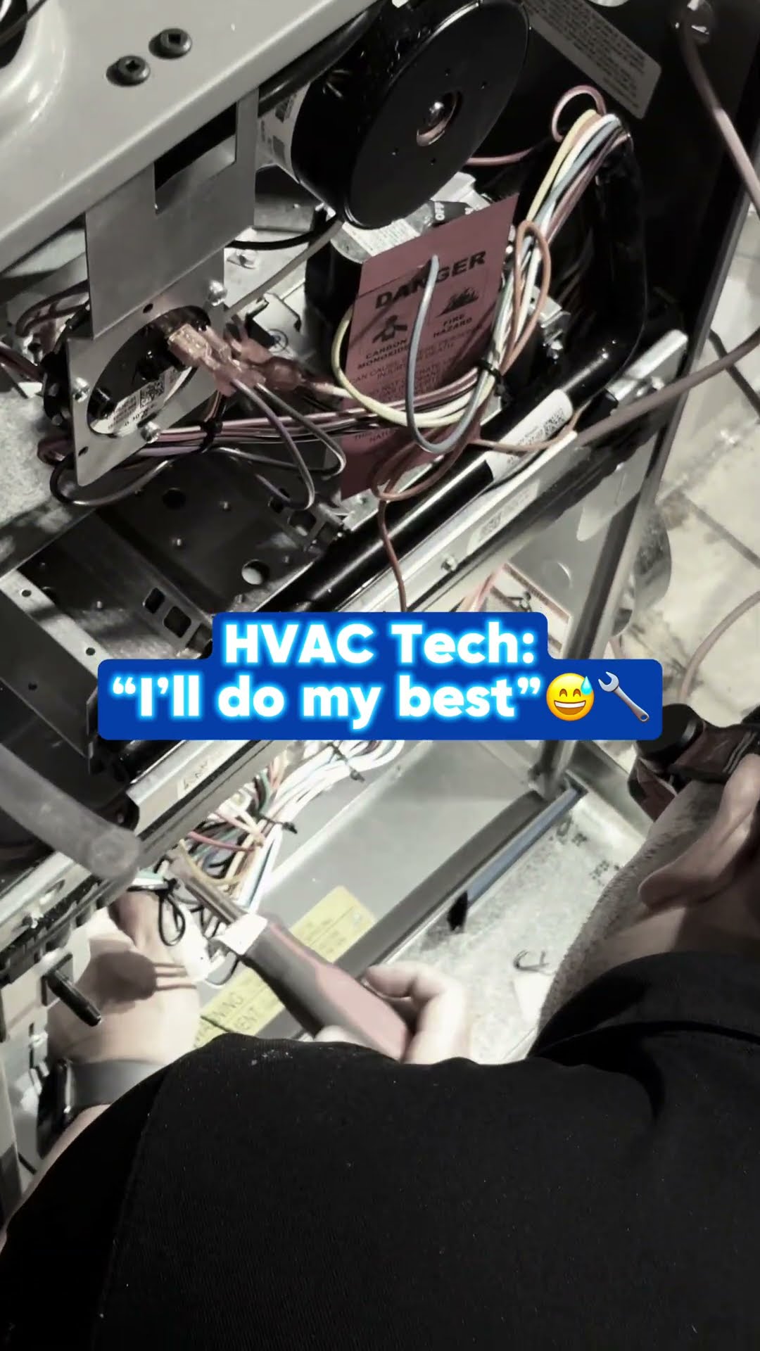 Skit: a client asks if the job can be finished quickly, and the tech in a red headlamp says he will do his best.